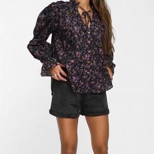 Free People Black and Purple Floral Blouse